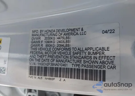 2022 Honda Accord Sport 2.0T z USA, uszkodzony, nr VIN 1HGCV2F39NA010461